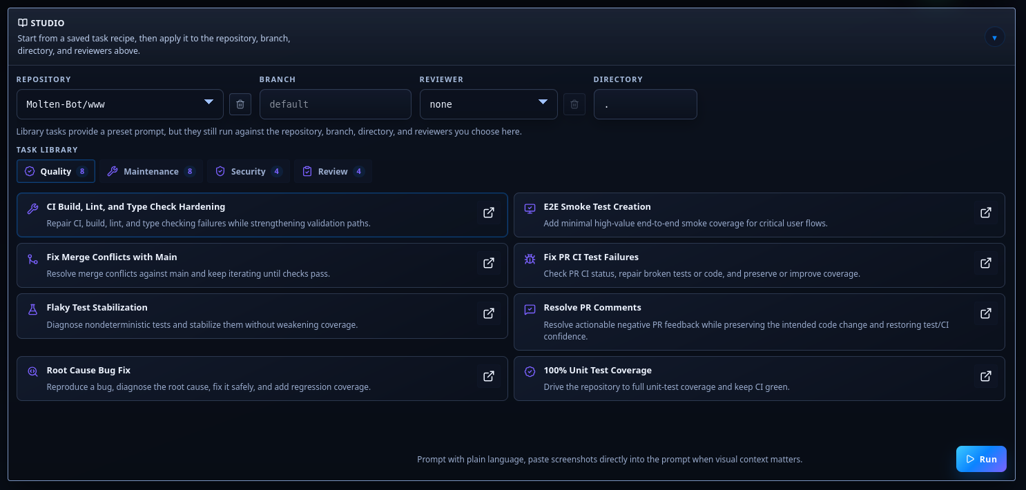 Library view of reusable agent tasks and workflows